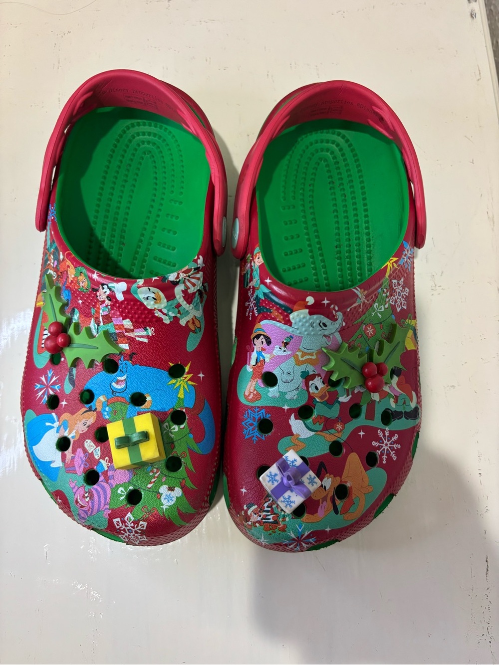 Disney Red/Green Holiday Crocs Shoes with Green Insole